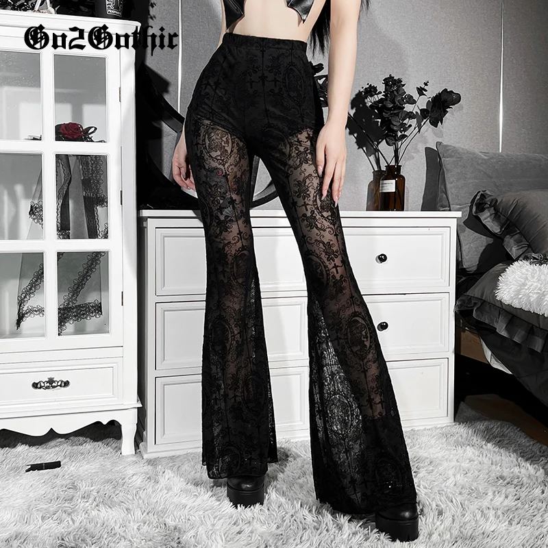 

Женские брюки-клеш Goth в стиле Харадзюку, пикантные прозрачные облегающие брюки с завышенной талией в стиле панк, черные кружевные сетчатые ...