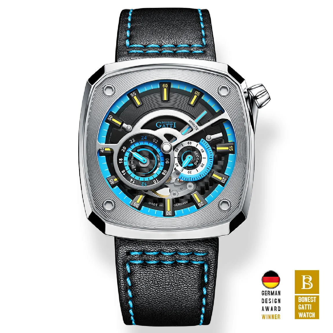 

BONEST GATTI Men Automatic Watch Luxury Mechanical Wristwatch Square Skeleton Dial Waterproof Sapphire Luminous Leather Strap