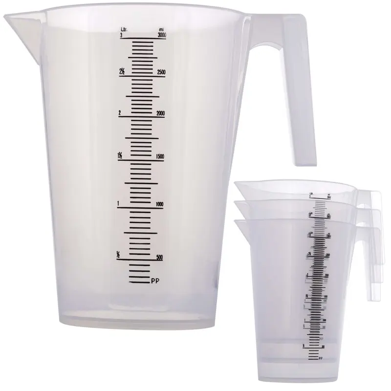 

3 Liter (3000ml) Plastic Graduated Measuring and Mixing Pitcher (Pack of 4) - Holds 3 Quarts 0.75 Gallon - Pouring Cup, Measure