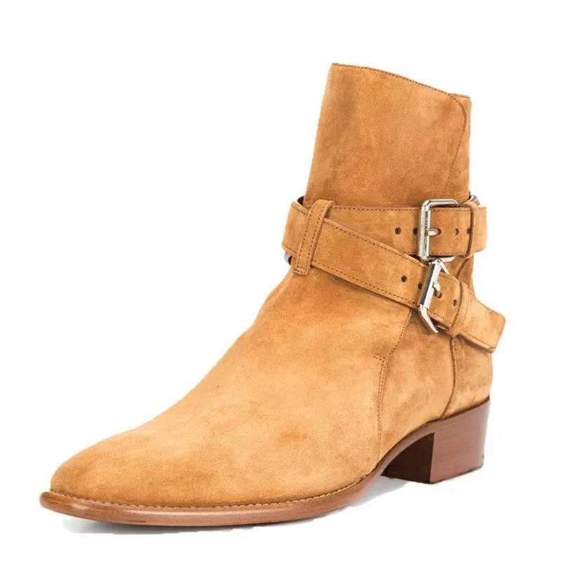 

pointed toe women square heel slip on zapatos hombres chelsea boots British style double straps buckle tan cow suede ankle boots