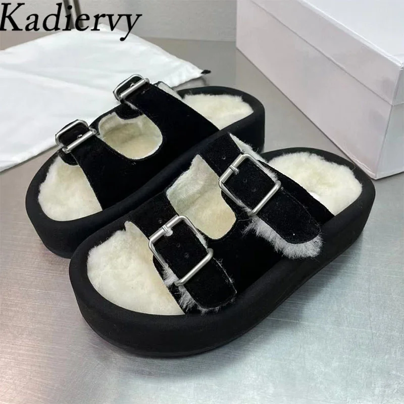 

Шлепанцы женские из коровьей замши, повседневная обувь на плоской подошве, с металлической пряжкой, шерстяные теплые сланцы, тапки на толстой подошве, осень