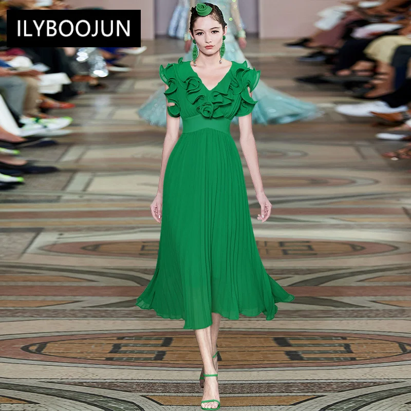 

Fashion Designer Summer Solid Dress Women's Elegant V-neck Ruffled Short sleeves Pleated Vintage Dresses