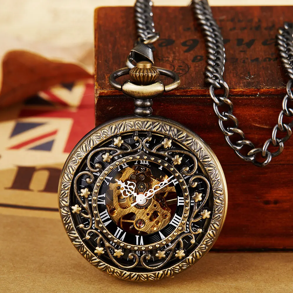 Necklace Watch Vintage Steampunk Mechanical Pocket Watch With Chain Hollow Hand-winding Pendant Clock Men Women Gold Bronze Gift