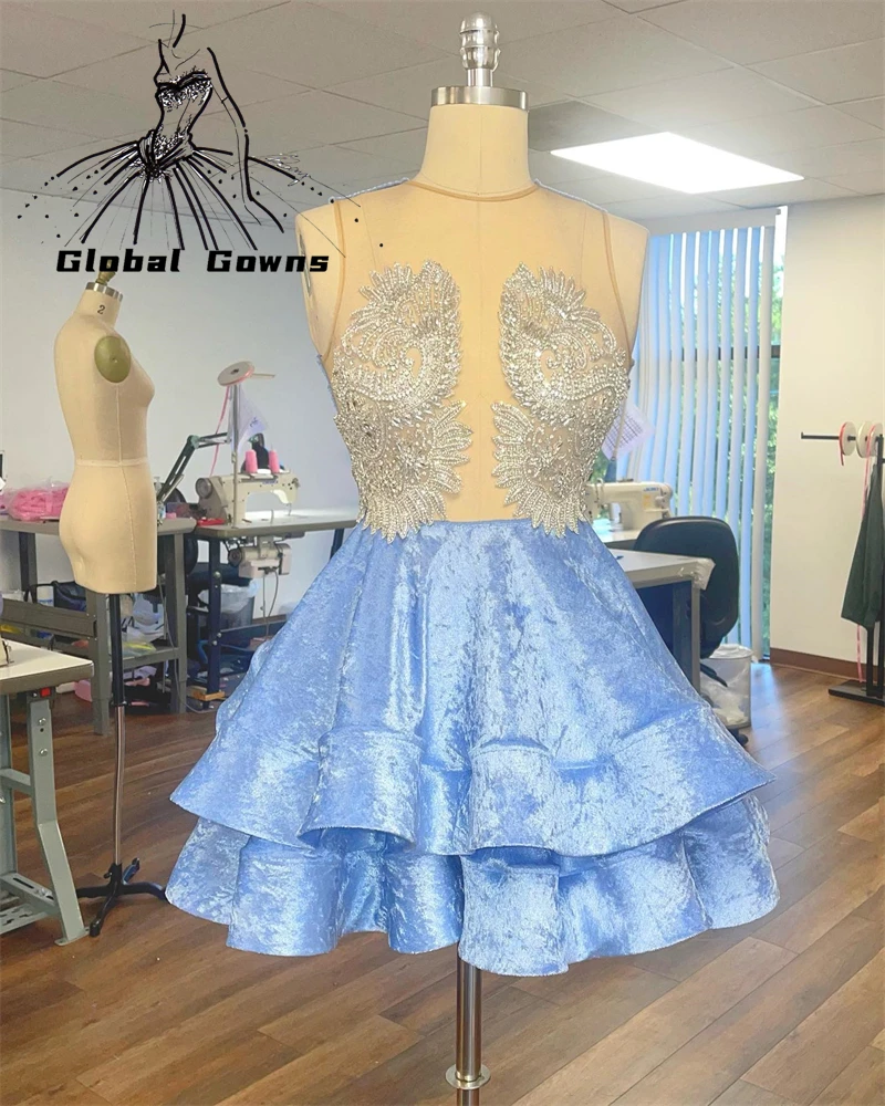 

Baby Blue Sheer O Neck Short Prom Dress Beaded Diamond Birthday Party Dresses Tiered Mini Cocktail Mermaid Homecoming Robe De Ba