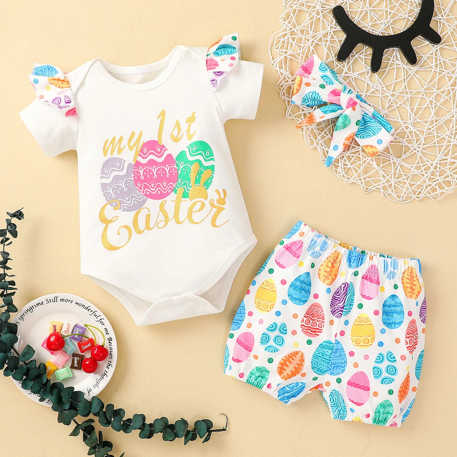 

My 1st Easter Outfit Baby Girl Easter Eggs Letter Baby Bodysuit And Elastic Shorts Headbands Outfits Sets Baby Girl Clothing