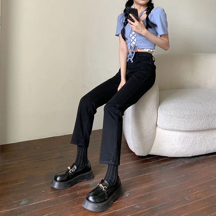 

Новинка M0546 облегающие эластичные небольшие модные узкие джинсовые прямые брюки с высокой талией джинсы