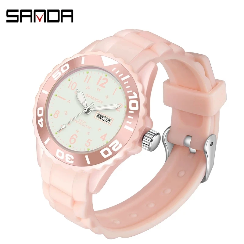 Fashion Sanda Top Brand 2023 New Ladies Wrist Watches Dress Blue Watch Women Silicone Strap Clock With Day Montre Femme 1053