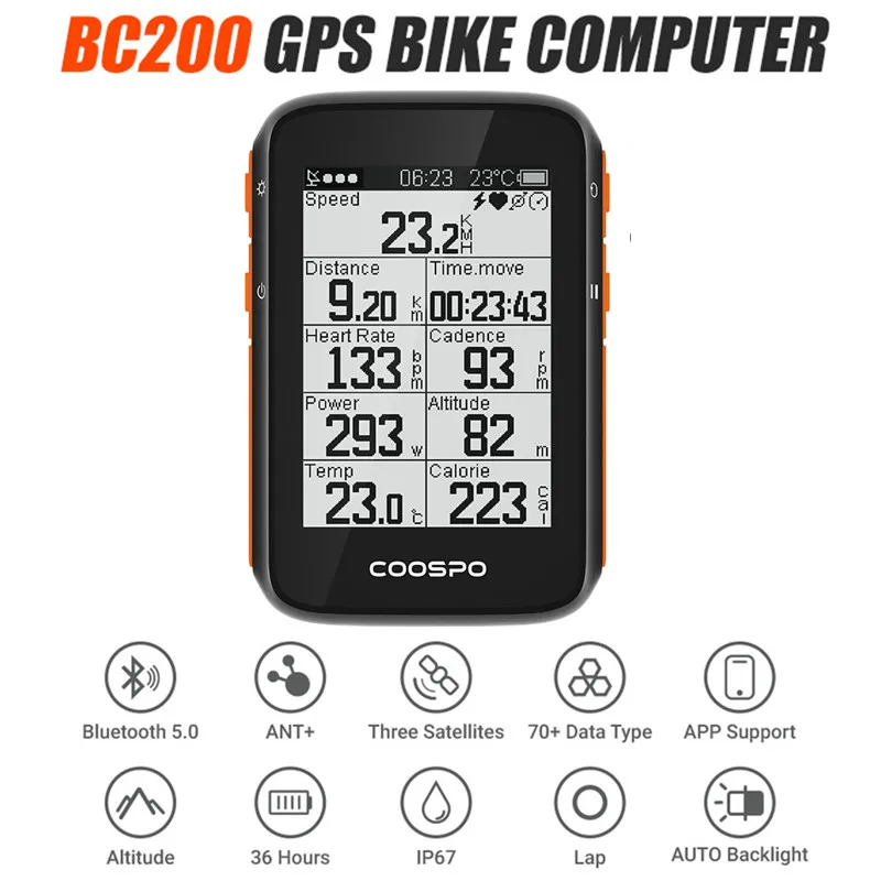 CooSpo BC200 Bicycle Computer GPS Wireless Bike Speedometer Cycling Odometer 2.6in Bluetooth 5.0 ANT+ APP Sync Slope Altitude