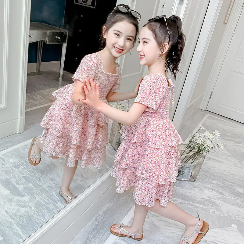 2022 Summer Girls Ball Gown Dress Tight Waist Children's Clothing Short Sleeve Kids 2-12 Years Old Cake Cupcake Chiffon |