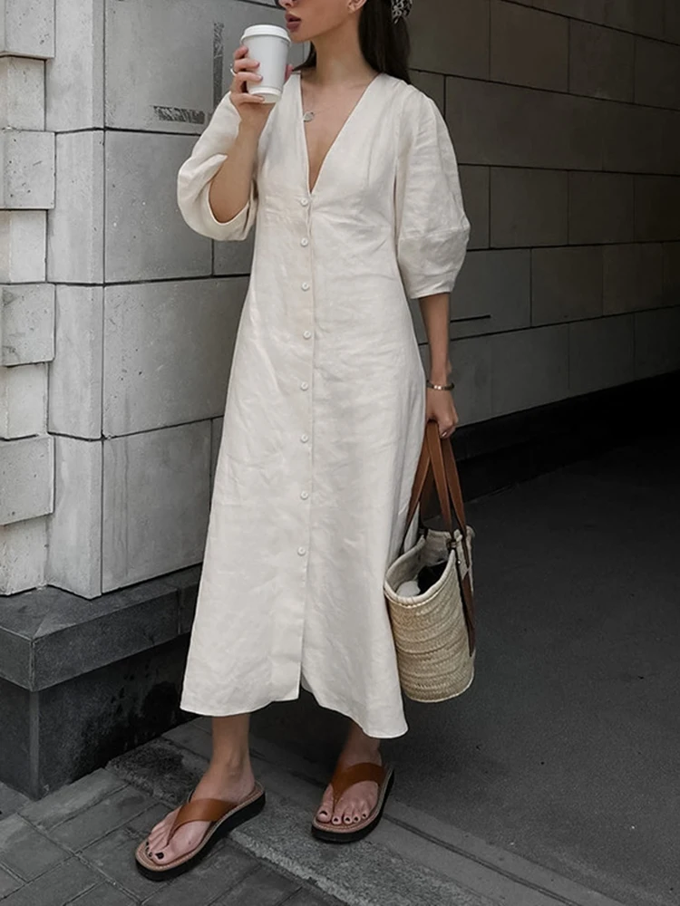 

Button Up Shirt Dress Women Fashion V Neck Dress Female Casual Loose Long Dress Ladies Elegant Puff Sleeve Lace Up Dress Summer