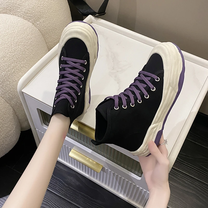 

High Top Canvas Shoes for Women Worn In All Seasons Solid Color Platform Sneakers Dynamic Fashion Girls Shoes
