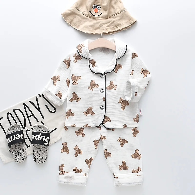 

2022 Spring New Cute Bear Print Baby Boy Long Sleeve Clothes Set Children Cotton Gauze Cardigan + Pants 2pcs Pajamas Suit