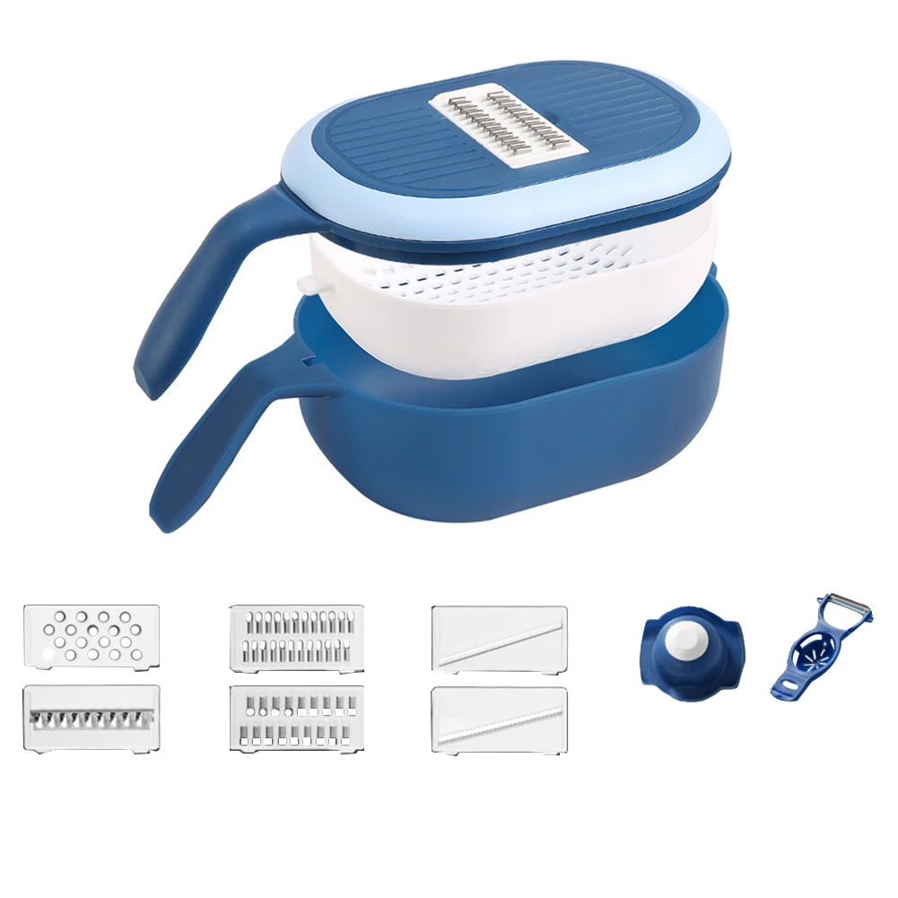 

Vegetable Cutter Kitchen Potato Slicer Carrot Grater Steel Blade Knife Drain Basket Kitchen Gadgets Blue