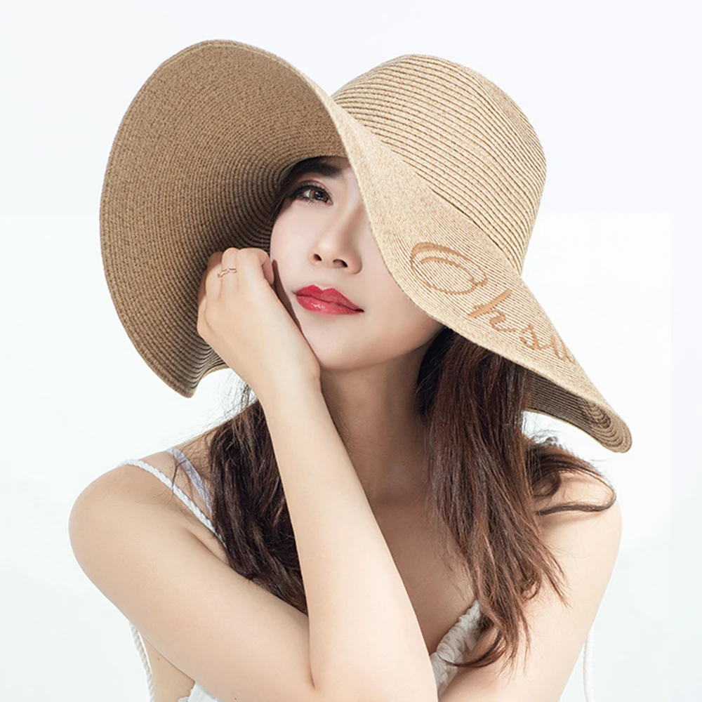 

US Stock OhSunny Hepburn Style Straw Hat Large Brim Floppy UV Protection UPF50+ Summer Wide Sun Cap Foldable Sunhat for Outdoors