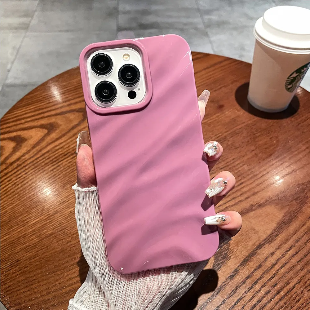 

Solid Colour Glossy Phone Case for IPhone 11 12 13 14 Pro Max Plus Luxury 3D Silk Wavy Pattern Cover Shell Cellphone