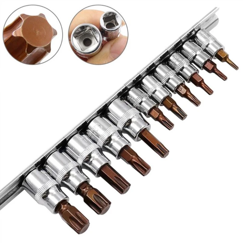 

11Pcs T10-T60 3/8" 1/4" Star Hexagonal Torx Bit Socket Kit Vanadium Steel Hex Wrenches Nut Driver Drill Bit
