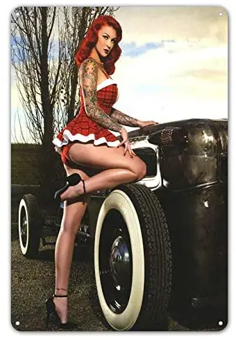 

Red Rider Pinup Girl Hot Rod Car Garage Auto Shop Wall Decor Metal Sign 8 x 12 inches