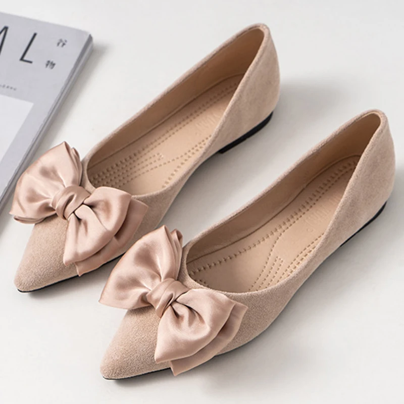 

Silk Butterfly-knot Pointed Toe Flock Ballet Flats Women Moccasins Shallow Slip on Shoes Women Solid Fairy Ballerina Femm 2020