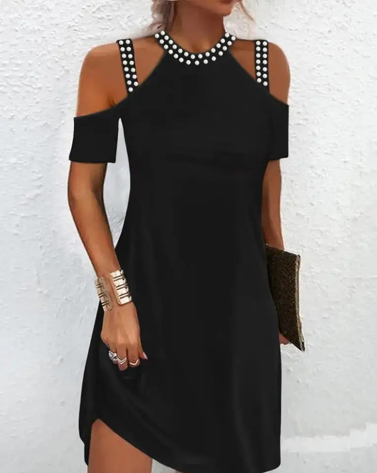 

Summer Dresses for Women 2022 Fashion Beaded Decor Cold Shoulder Casual Short Sleeve Plain Cutout Mini Daily Straight Dress