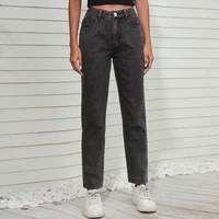 streetwear vintage solid straight pants fashion loose black wide leg womens jeans casual washed mid waist denim trousers female