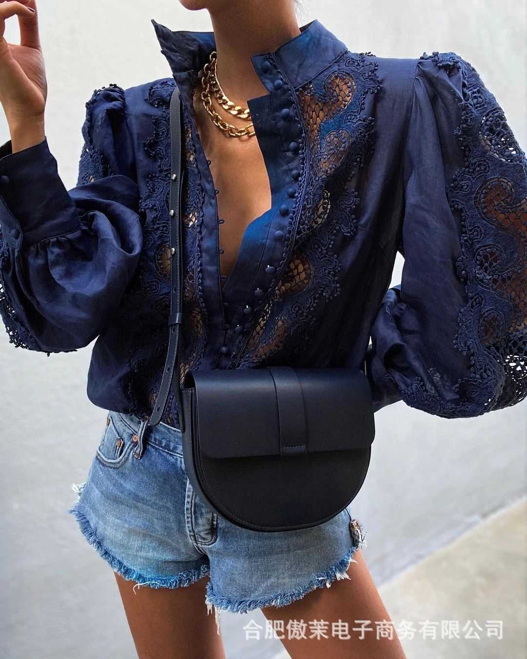 

Women's shirt new blue women's lace stitching lace stickers perspective long-sleeved top women's temperament shirt