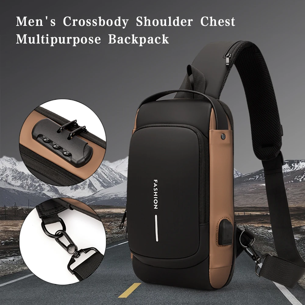 Fashion Men Chest Bag Waterproof Men Crossbody Bag Anti-theft Tape Bag with USB Charging Port Patent Leather Shoulder Sling Bags