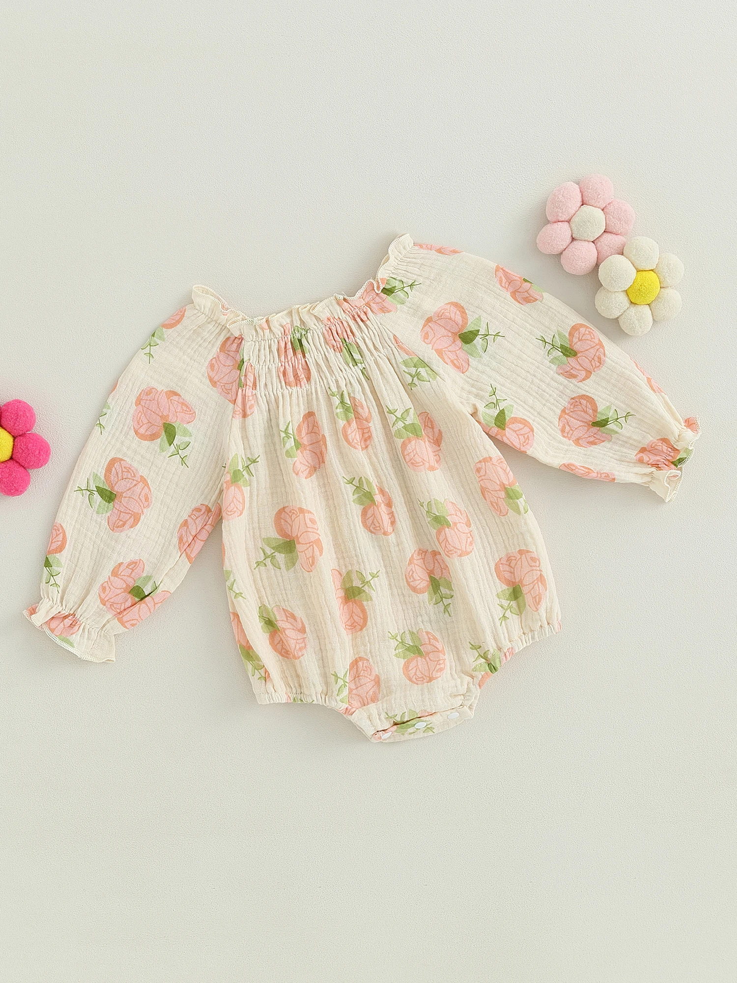

Baby Girl 0-24M Romper Off Shoulder Long Sleeve Floral Print Smocked Bodysuit Newborn Playsuit