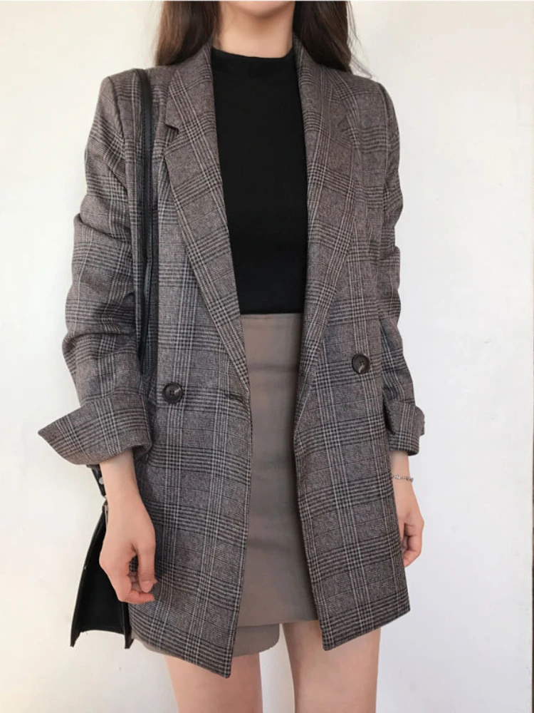 

Women's Jacket Korean Style Autumn New Simple Retro Style Lapel Two Buttons Loose Double Pockets Gray Blazer Coat Long Blazer