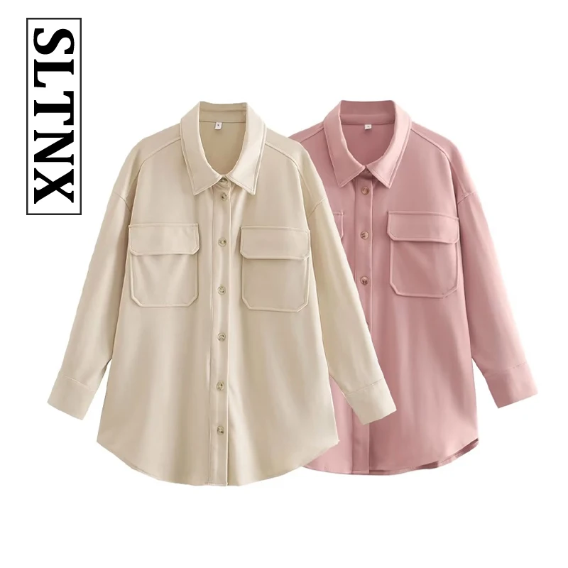 

SLTNX Women's New Jacket Pink and Beige Fall Fashion Versatile Loose Workwear Long Sleeve Pockets Decorated Shirt Jacket Top