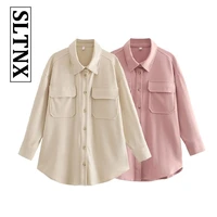 sltnx womens new jacket pink and beige fall fashion versatile loose workwear long sleeve pockets decorated shirt jacket top