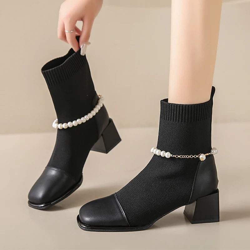 

Bead Luxury Women Knitting Shoes Mid Heels Chelsea Boots 2024 New Brand Winter Chunky Ankle Boots Pumps Square Toe Sock Botas