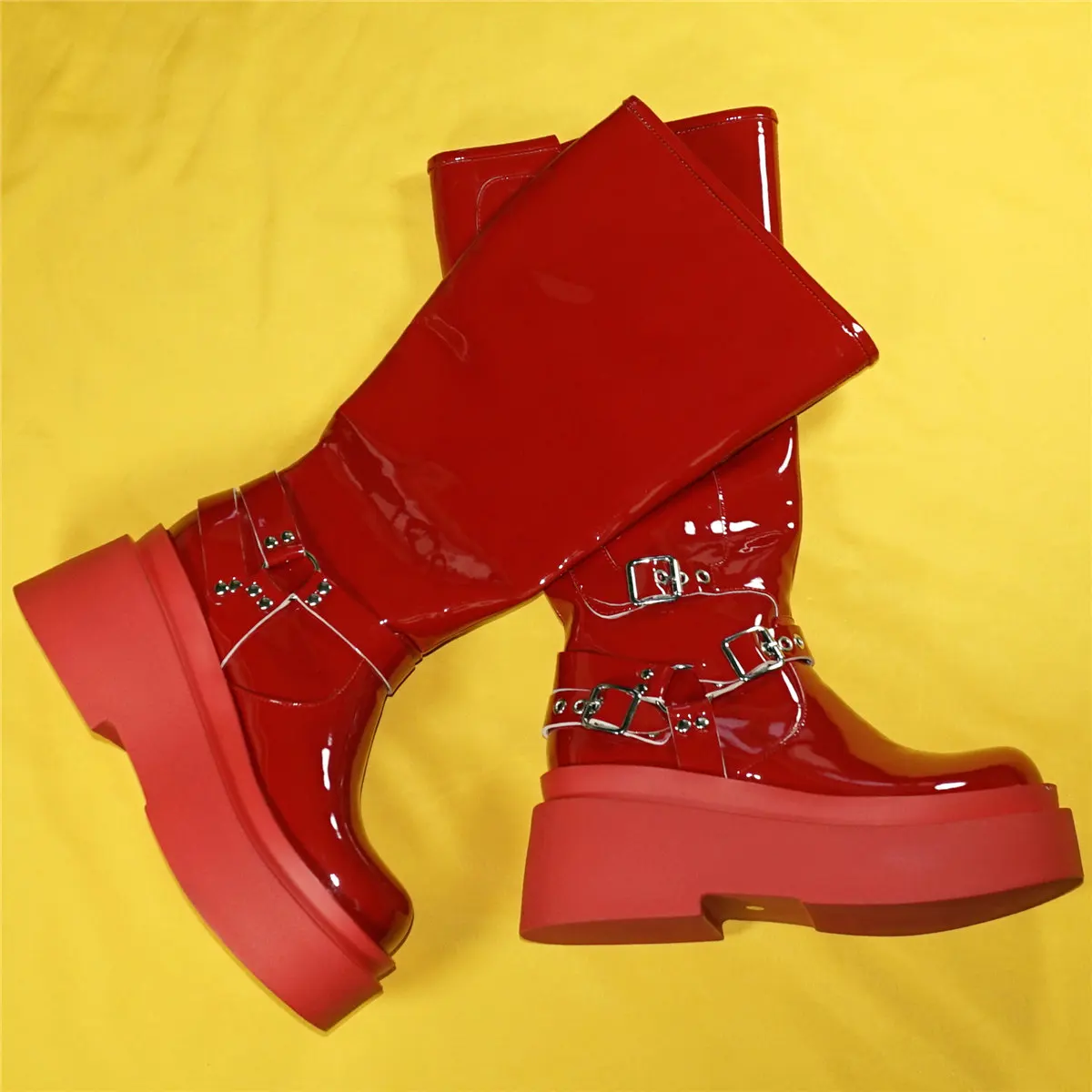 Red Wedges Fashion Sneakers Women Patent Leather Super High Heels Thigh High Boots Female Round Toe Platform Pumps Casual Shoes