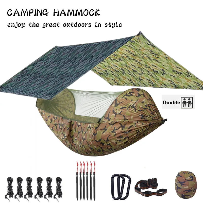 Camping Hammock with Mosquito Net and 118x118in Rain Fly Tarp,10-ring Tree Strap Hammocks Swing for Backpacking, Survival,Travel
