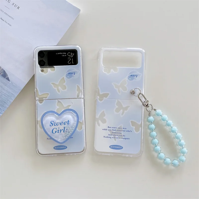 

Ice Bule Hollowed-out Butterfly Phone Case for Samsung Galaxy Z Flip 4 3 Hard Cover for ZFlip3 Flip3 Zflip4 Solid Shell Bracket