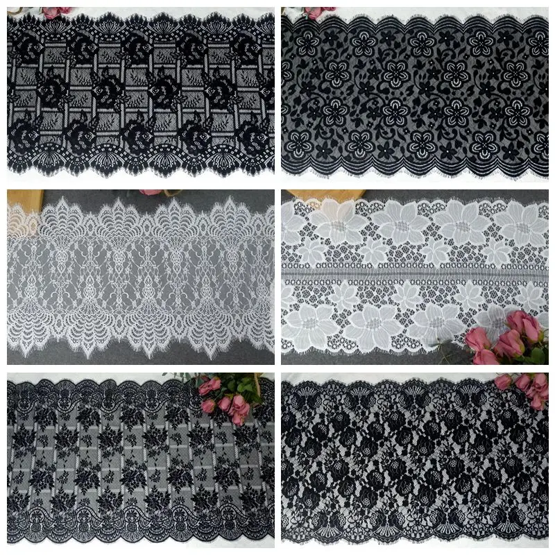 

(3Yards/roll) White Black Eyelash Lace Fabric Voile Trim Embroidered Wedding Manual Dress Fabric DIY Ribbon Exquisite Pattern