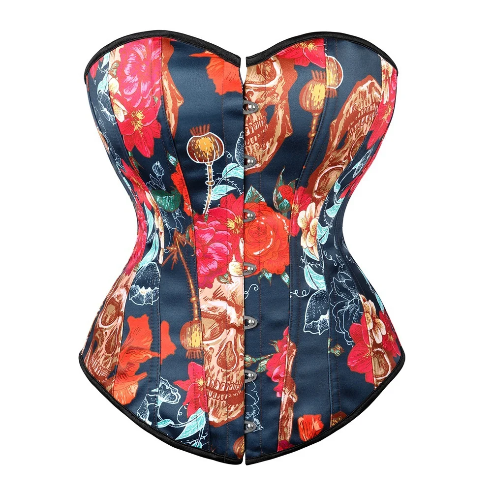 

Bustiers & Corsets Top Skull Satin Print Women Sexy Body Shaper Overbust Corset Gothic Lingerie Corselet