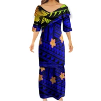 summer blue polynesian tribal plumeria sublimation print v neck puletasi women half sleeve dress custom pattern couples dress