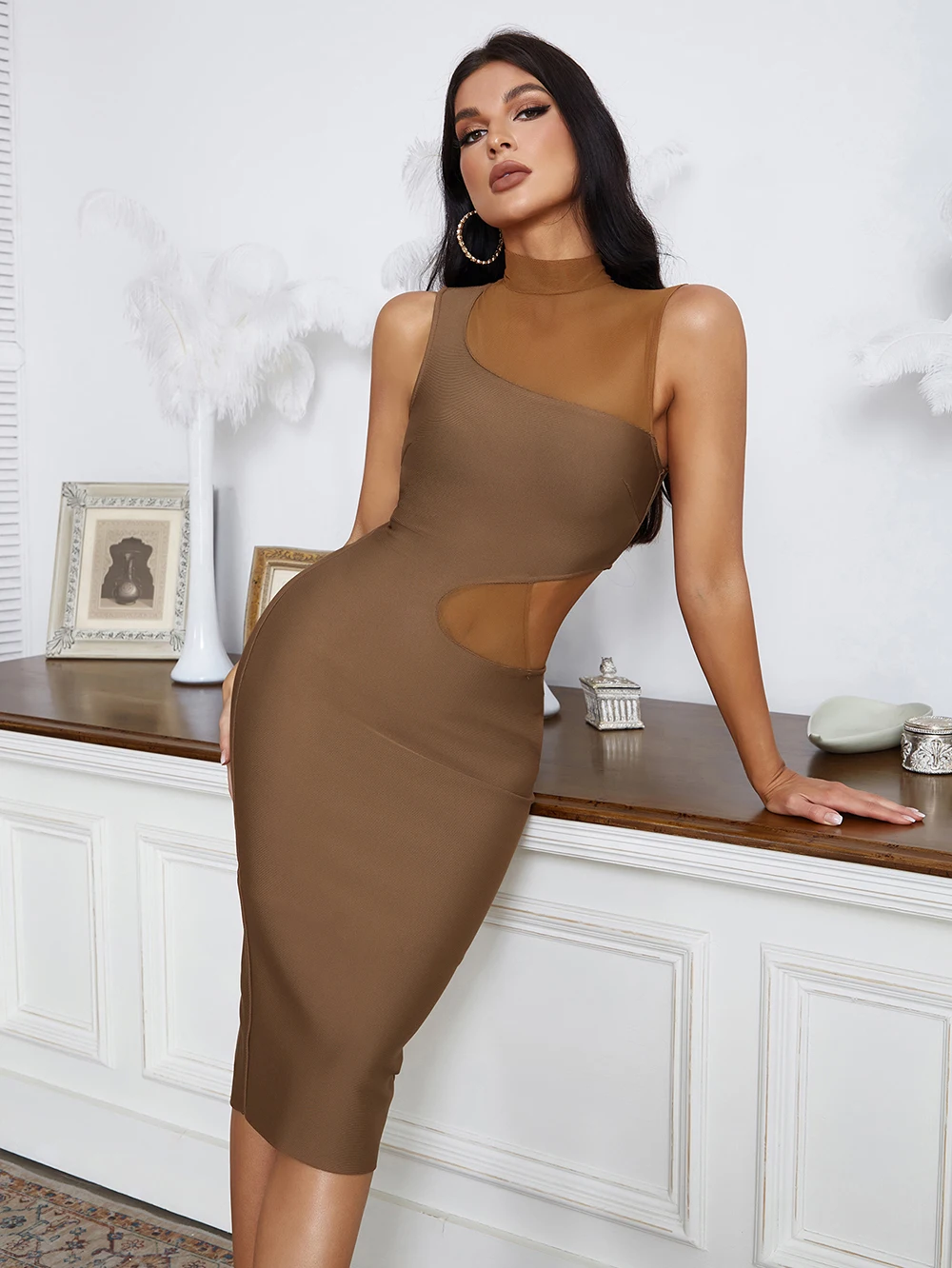 

New Arrival Women Summer Sexy Turtleneck Brown Hollow Out Mesh Midi Bodycon Bandage Dress 2022 Elegant Evening Club Party Dress