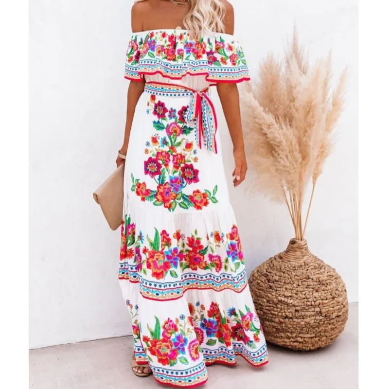 

Spring Summer 2024 New Line Shoulder Red Flower Print Long Swing Dress Women