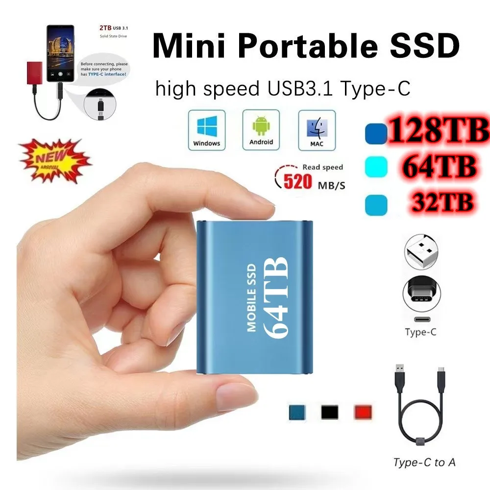 

128TB SSD High Speed External M2 Solid State Disk Mass Storage USB 3.0 Type-C Interface 32TB Memory Metal Material Plug and Play