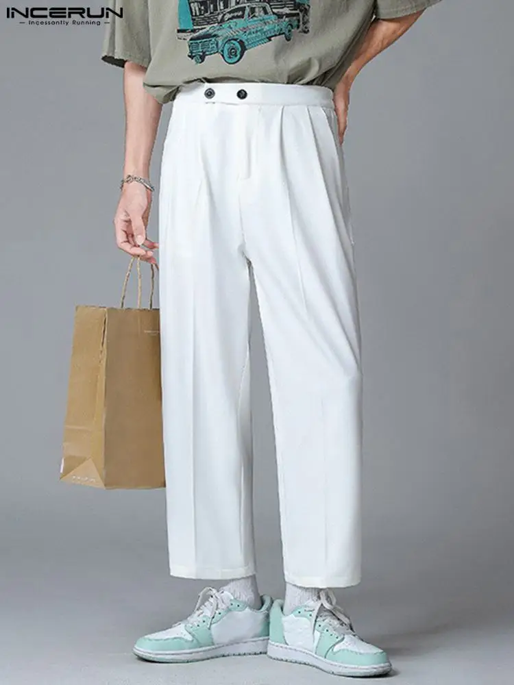 

INCERUN Fashion Men Casual Pants Solid Color Button Joggers Streetwear Korean Straight Trousers Men 2022 Leisure Pants S-5XL