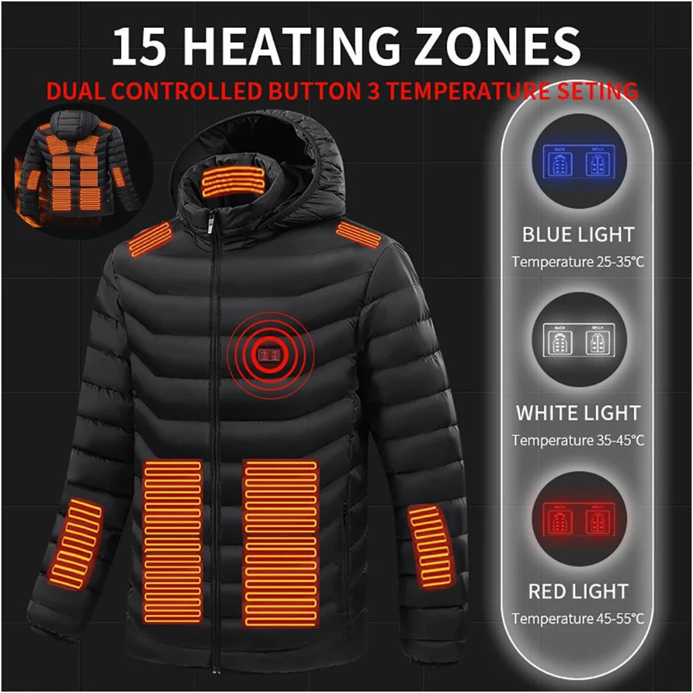 15 Heating Areas Electric Heating Coat USB Charging Thermal Warm Jacket Men's Heated Hooded Coat Outdoor Sportswear Dropshipping