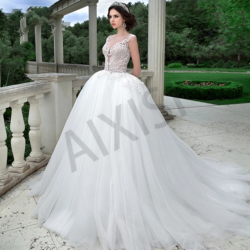 

White Formal Wedding Dresses Appliques Luxury Woman Vestidos De Novia O Neck Sleeveless Tulle Illusion Stylish Robe de mariee