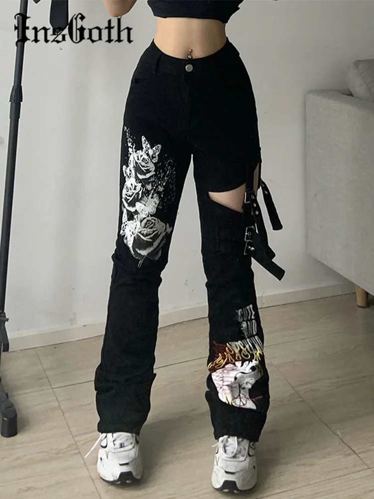 

InsGoth Street Patchwork Letter Anime Pattern Pants Ribbon Cutout Butterfly Pattern Black Sweatpant High-Rise Skinny Cargo Jeans