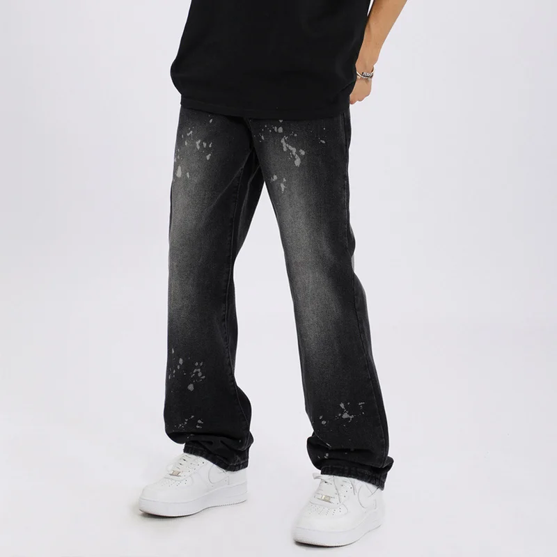 Streetwear Men New Pattern Vintage Recreational Brown Pants Straight Cylinder Comfortable Loose Splash Ink Jeans Autumn Female