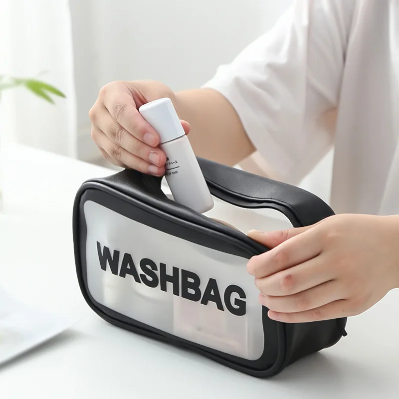 

Travel PU+PVC Cosmetic Bag Waterproof Hand-held Transparent PVC Wash Cosmetic Storage Make Up Bag Large
