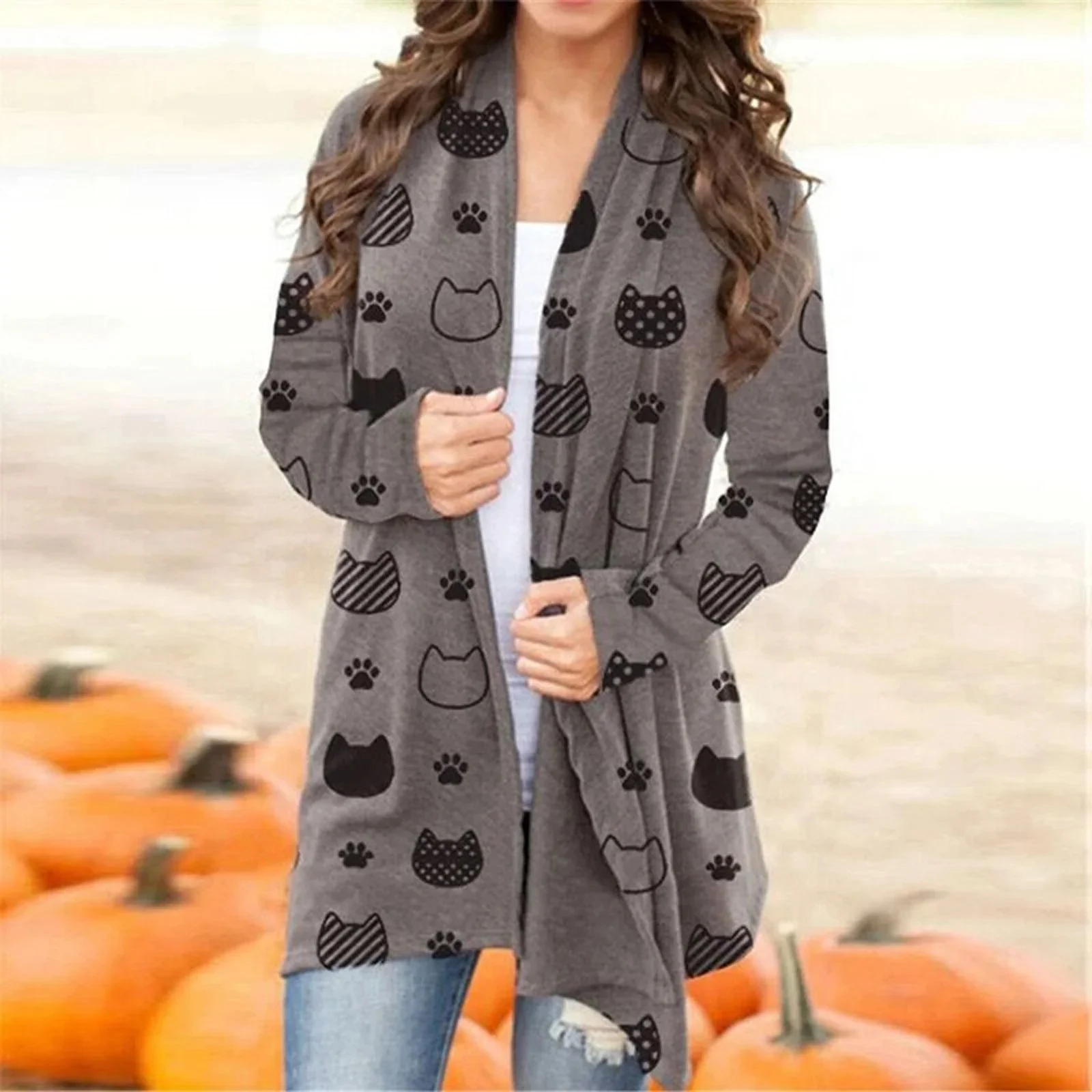 

2022 Ladies Hot Cardigan Women High Quality Sweater Popular Halloween Cat Printed Casual Coat Plus Size Top Clothes Ropa Mujer