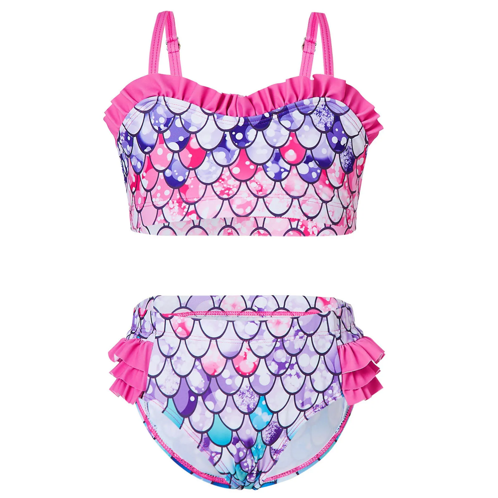 

Kids Girls Two Piece Bathing Suit Sleeveless Print Ruffle Trim Vest Tops With Briefs Set Summer Beach Bikini Swimsuit Swimwear