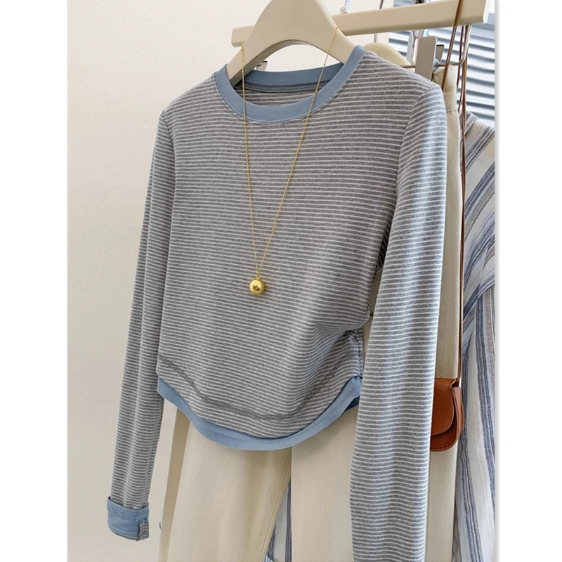 Plus Size ZDM Plus size 50.00kg Fake Two Pieces Stripe Short Long sleeves Shirt Women 2024 Autumn High-Grade Casual Bottoming...