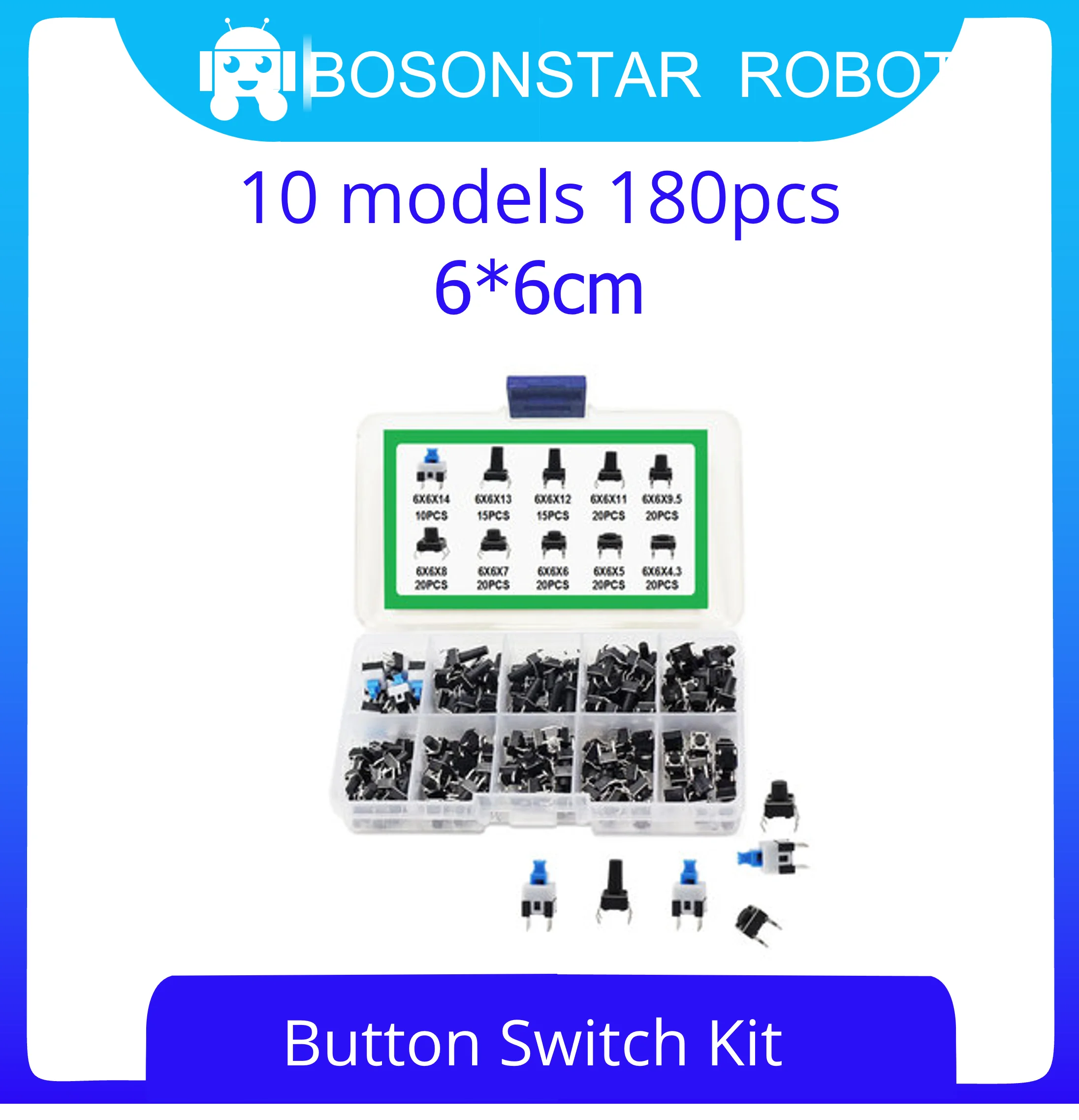 10 models 180pcs 6*6 Tact Switch Tactile Push Button Switch Kit, Height: 4.3MM~13MM DIP 4P 6x6 Key